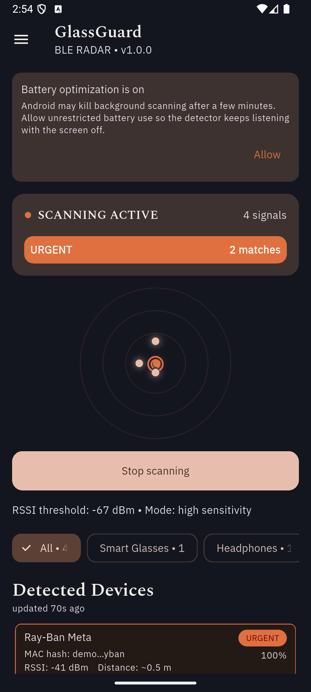 GlassGuard radar showing a Ray-Ban Meta match